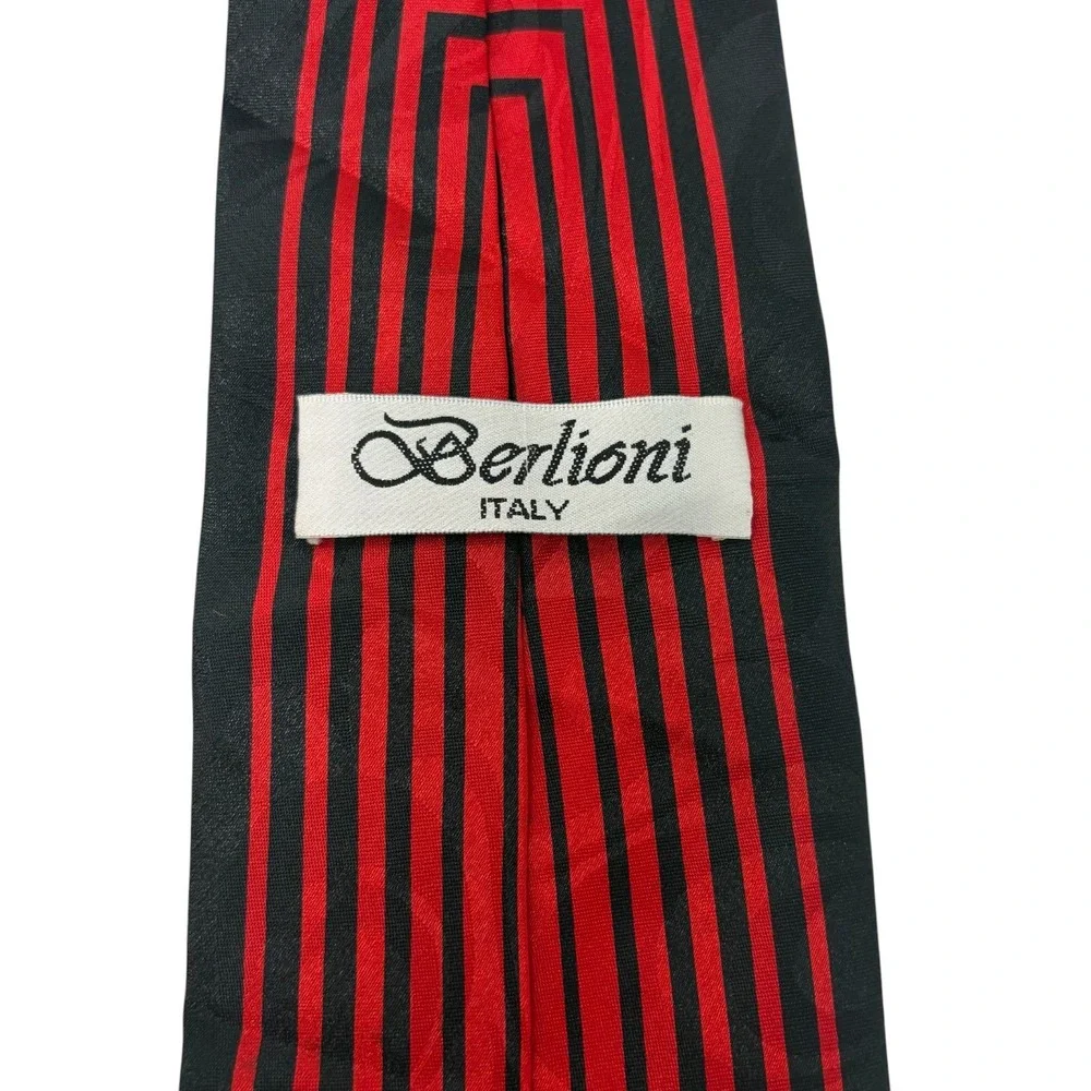 Vintage Berlioni Italy Silk Necktie Red Black Geometric Stripe Handmade